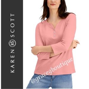 Rose Pink Henley Top 3/4 Sleeve Vneck Pullover Size Medium Petite